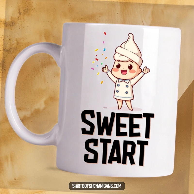 Funny ice cream cone chef mug featuring a happy character juggling colorful sprinkles with delight.