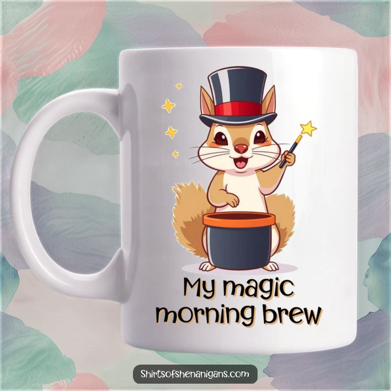 Funny mug featuring a squirrel in a top hat attempting a magic trick with a whimsical, playful expression.