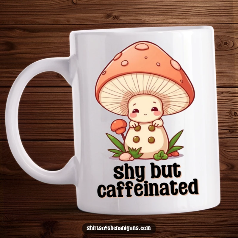 Funny Mushroom Chef Mug: A shy cartoon mushroom character peeking from under a giant mushroom cap.
