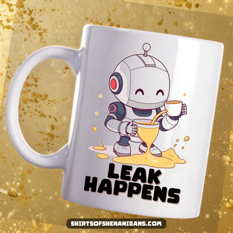 Funny robot mug showing a clumsy robot spilling tea with a shy smile, perfect for tea lovers and clumsy gift recipients.