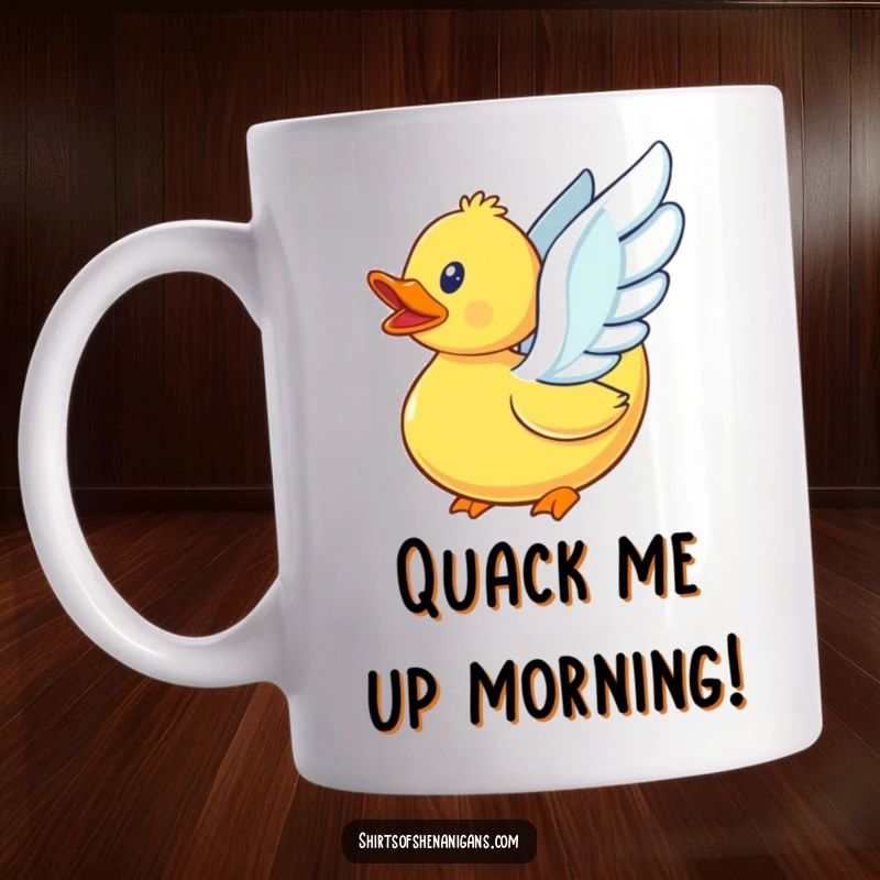 Funny rubber duck flapping tiny wings, attempting to fly with a hopeful expression on a ceramic mug.