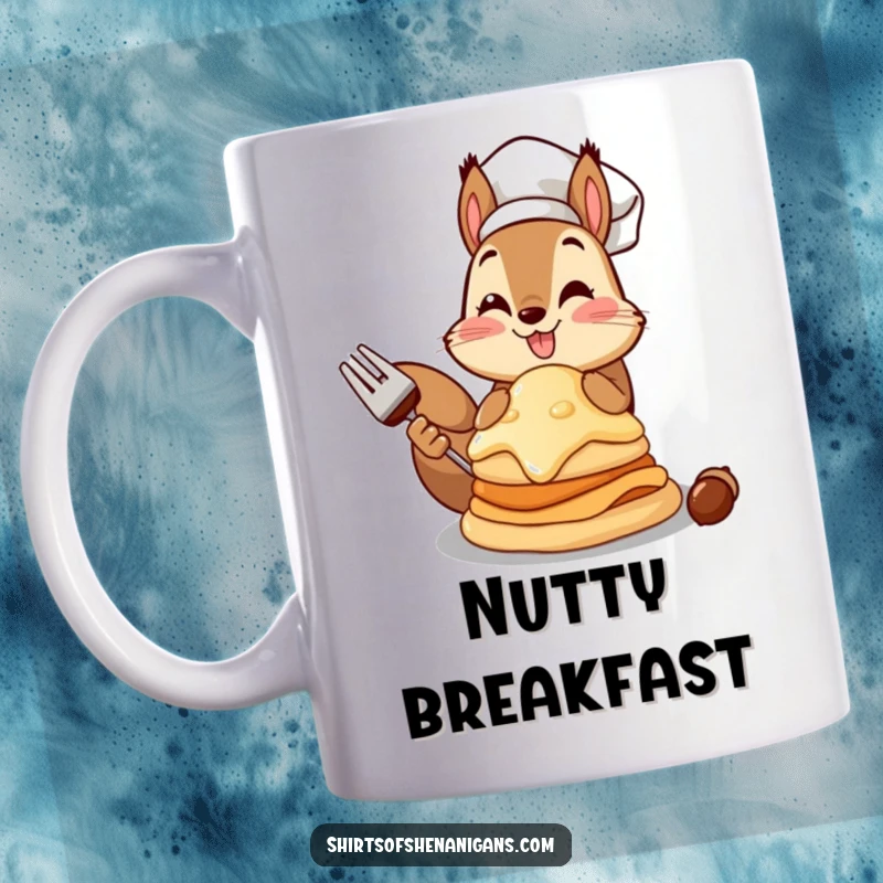 Funny squirrel chef mug featuring a determined squirrel presenting a giant acorn pancake with pride.
