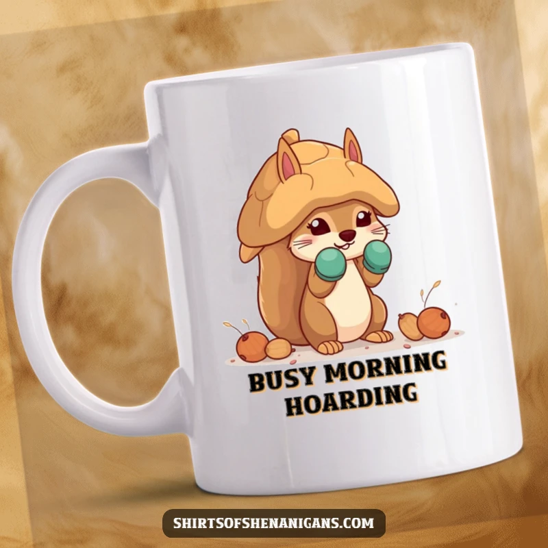 Funny squirrel mug featuring a determined squirrel wearing mittens, building a giant nut house, perfect for humorous motivation.