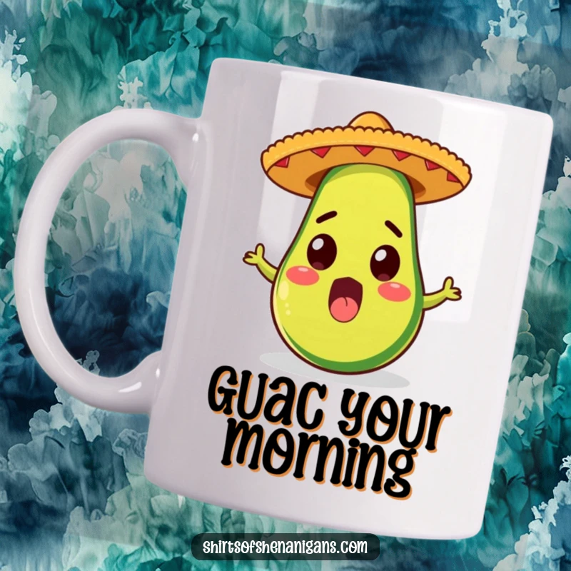 Funny mug featuring a surprised avocado wearing a tiny sombrero, bringing Mexican fiesta humor and a fun, funny gift.