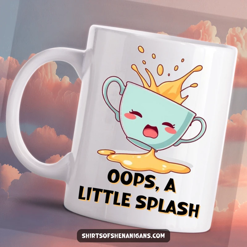 Funny mug featuring a startled teacup dramatically spilling its contents with a look of shock.