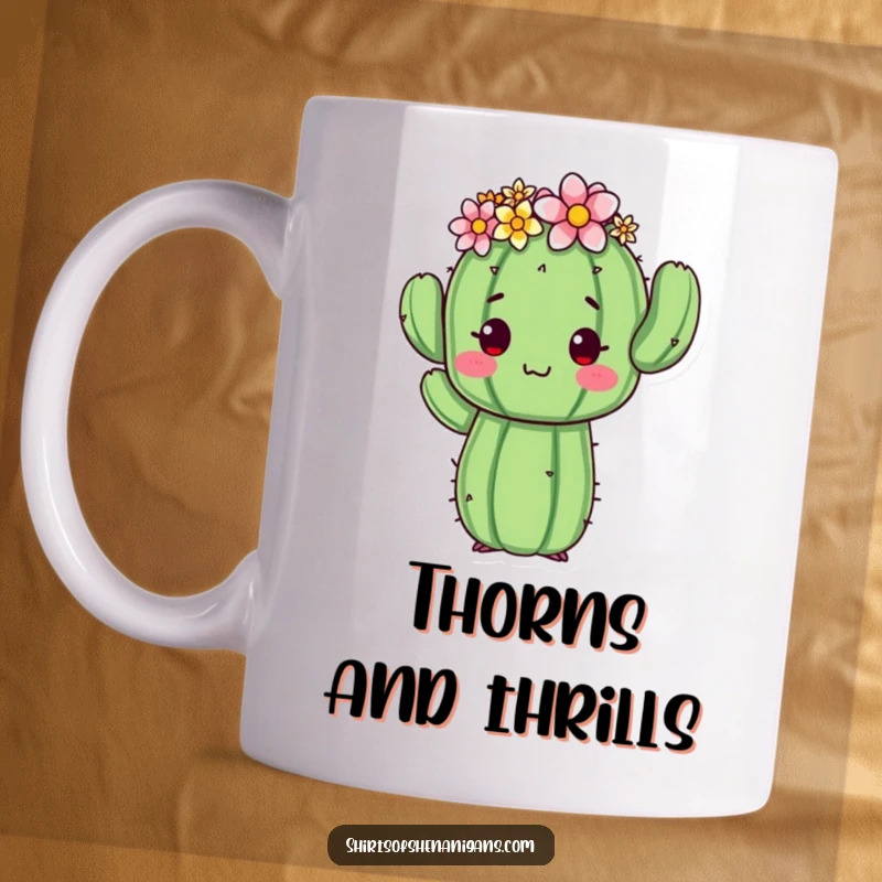 Funny cactus mug showing a proud cactus with a flower crown, awkwardly posing with a shy smile, perfect for gifting.