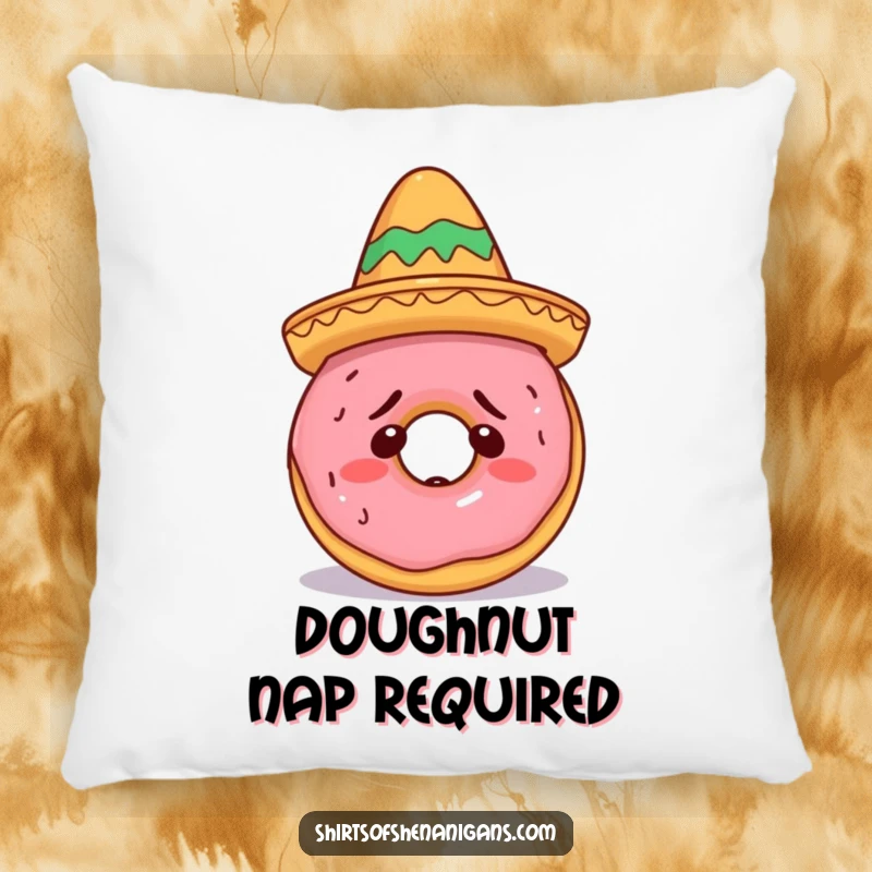 Funny Doughnut Sombrero Pillow with a confused doughnut wearing a miniature sombrero, offering comfort and lighthearted humor, a perfect funny gift.