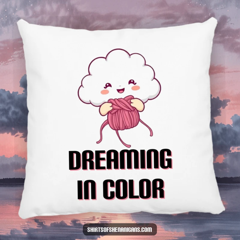 Funny Pillow: Cheerful cloud knitting a rainbow, a soft and humorous decorative cushion.