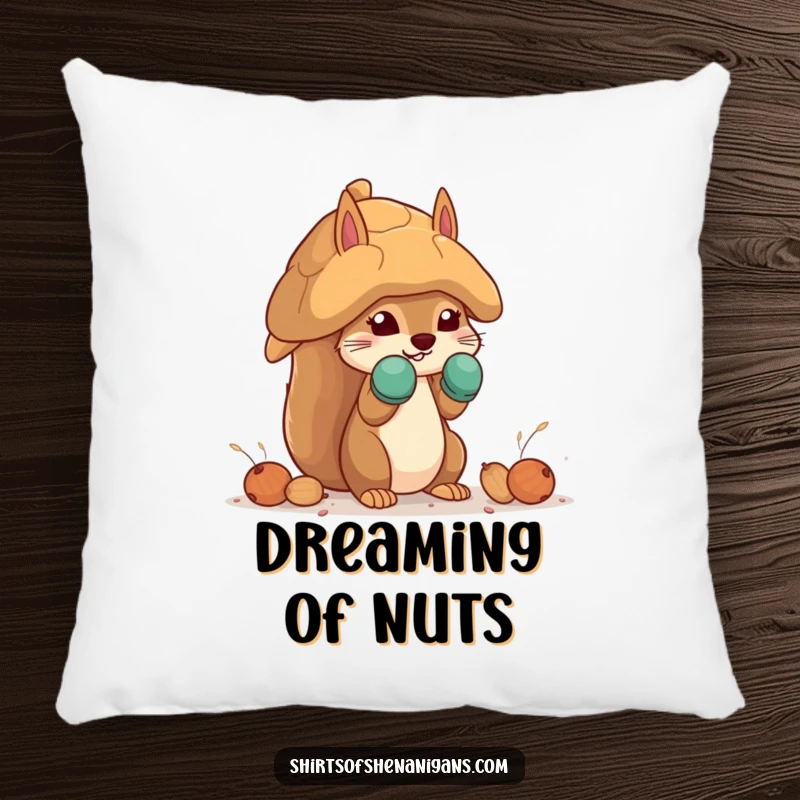 Funny squirrel pillow with a squirrel in mittens building a giant nut house, offering soft comfort and humorous decor.