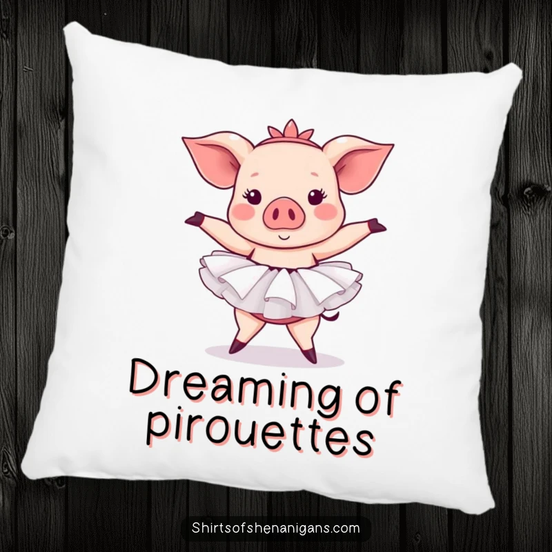 Funny pig ballet pillow with a pig in a tutu attempting a ballet pose, offering soft comfort and humorous decor.