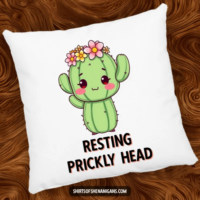 Funny cactus pillow showing a proud cactus with a flower crown, in an awkward pose, offering comfort and a humorous touch.