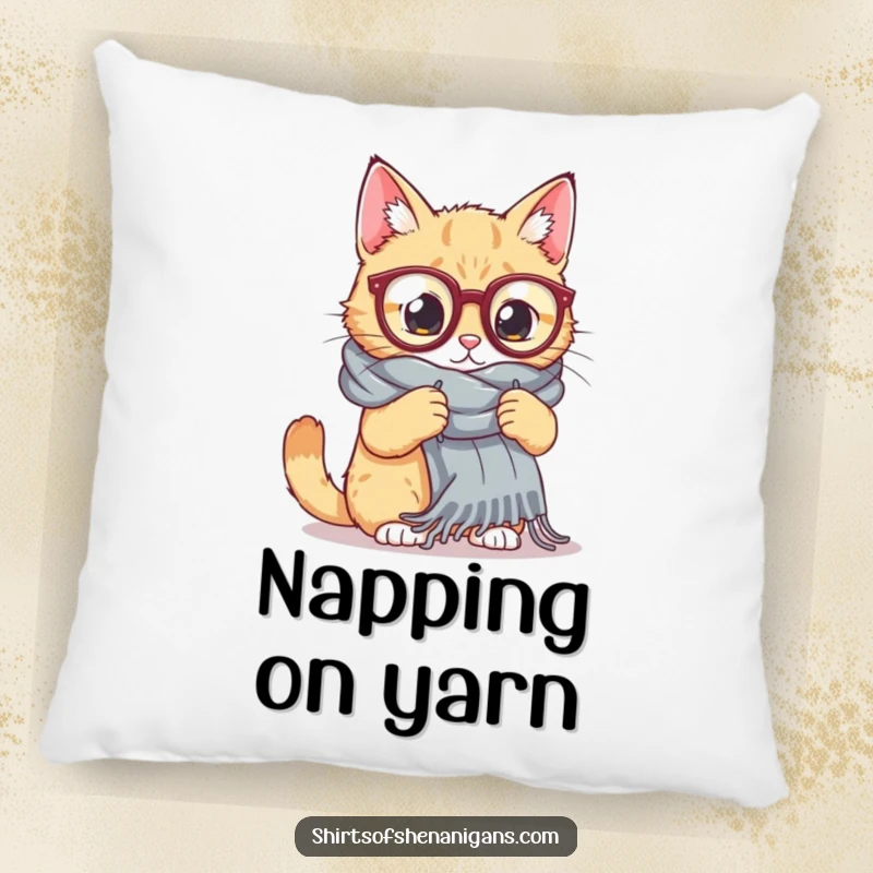 Funny Cat Knitting Pillow: A cat wearing oversized glasses tries to knit a huge scarf, offering soft, comfortable, and funny decor.