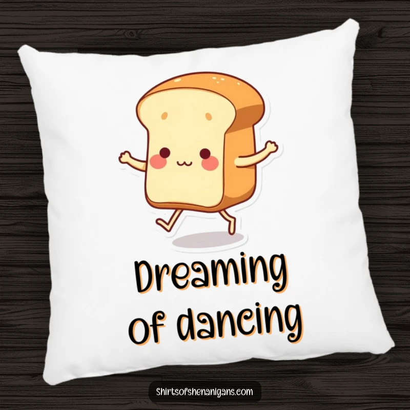 Funny dancing loaf of bread with tiny legs tapping its feet on a plush pillow, perfect for cozying up with.