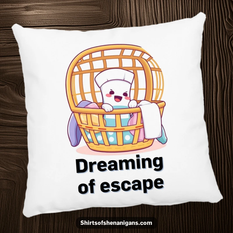 Funny pillow with a soft texture, showing a giggling sock attempting to escape from a laundry basket.