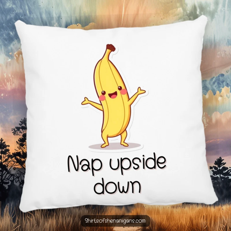 Funny pillow with a soft texture, showing a happy banana doing a handstand.