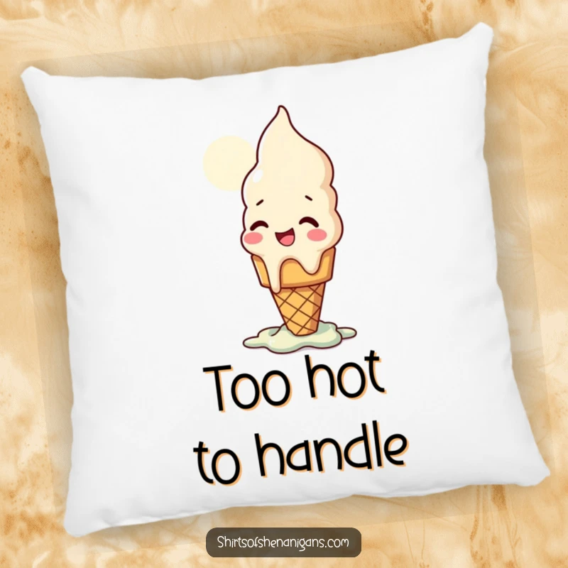 Funny pillow of a giggling ice cream cone melting in the sun, a soft and comical decorative item.
