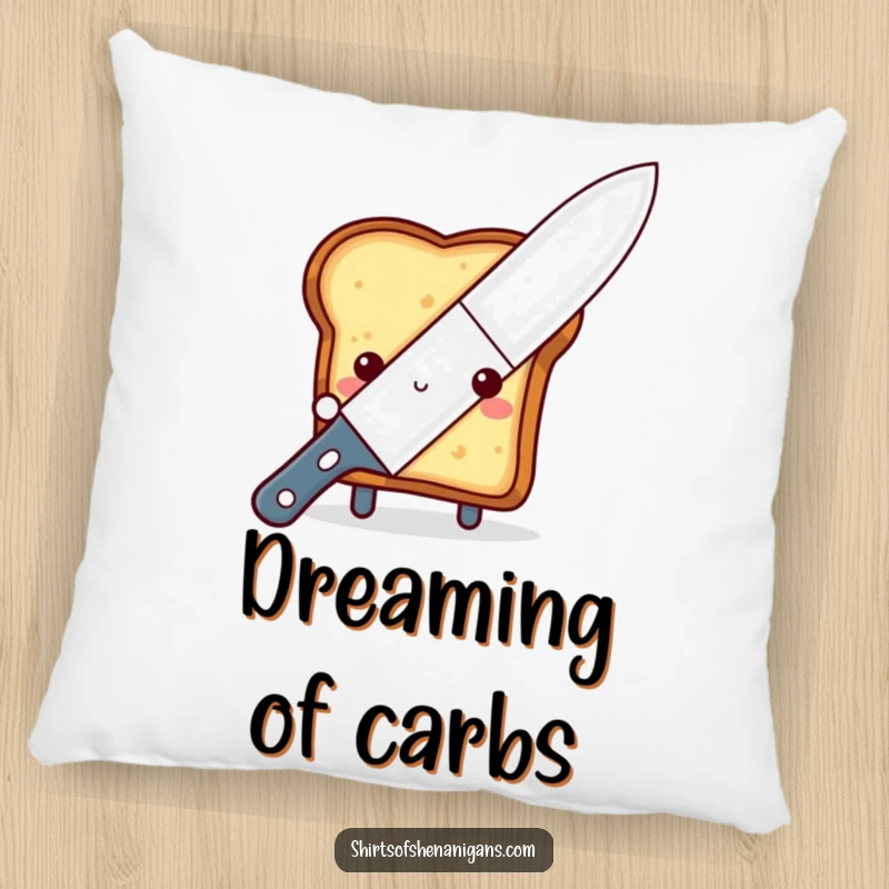 Funny shy toast pillow, peeking from behind a giant butter knife, for cozy breakfast-themed humor and charm.