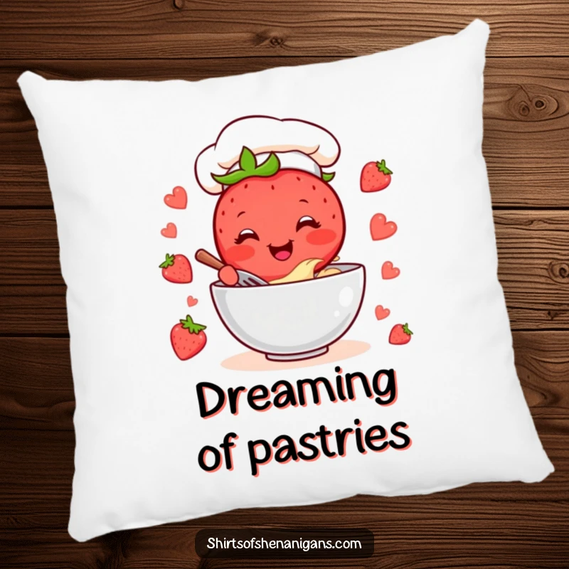 Funny Strawberry Chef Pillow: Cheerful baking strawberry character mixing batter, a soft and humorous decorative pillow.