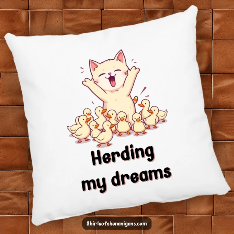 Funny pillow featuring a chaotic cat herding ducks, perfect for pet owner humor and a soft, funny gift.