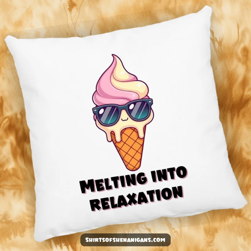Funny pillow with a soft texture, featuring a melting ice cream cone wearing sunglasses and looking relieved.