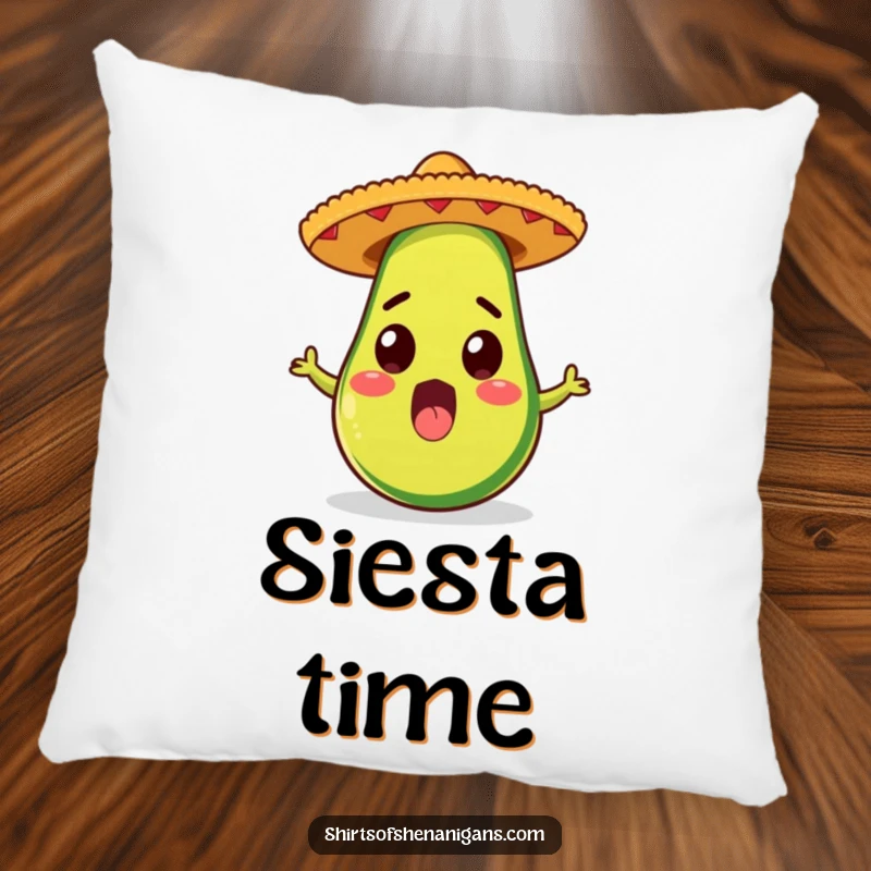 Funny pillow with a surprised avocado in a sombrero, perfect for festive decor and a soft, funny gift.