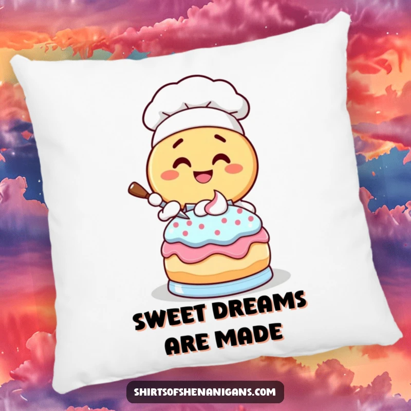 Funny Donut Chef Pillow: Giggling donut character frosting a cake, a soft and humorous decorative pillow.