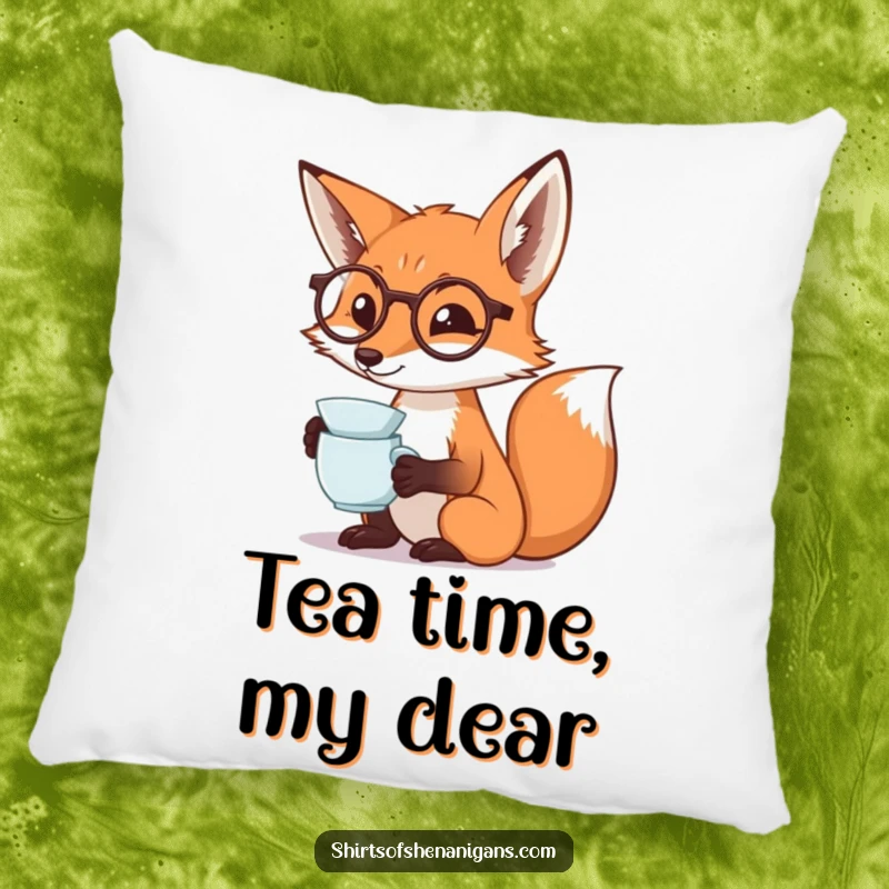 Funny fox pillow with a monocled fox dramatically sipping tea, offering comfort and humorous decor.