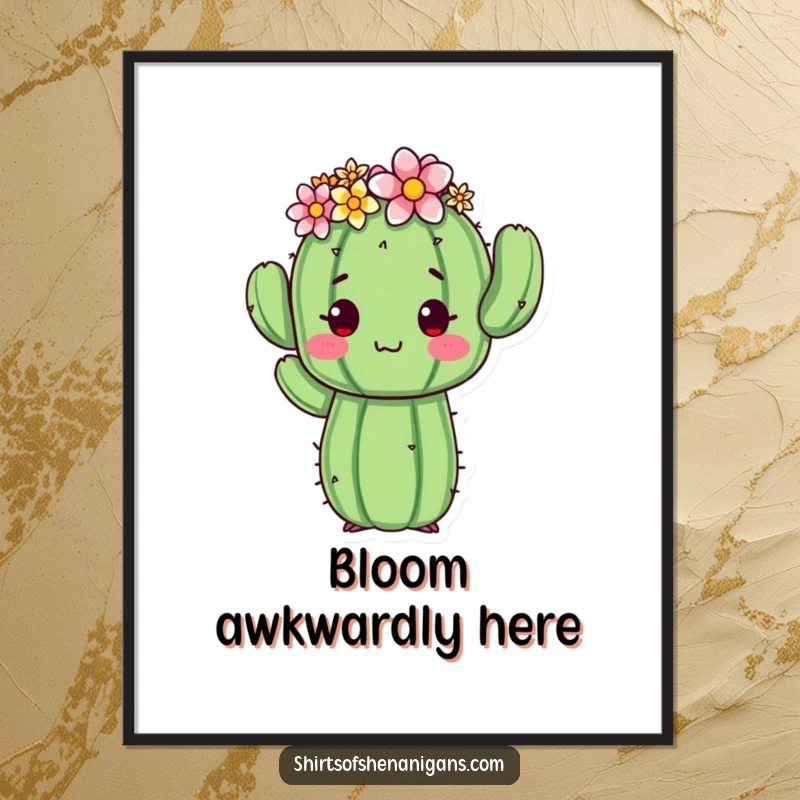 Funny cactus digital art print of a proud cactus with a flower crown, striking an awkward pose, perfect for instant decor.