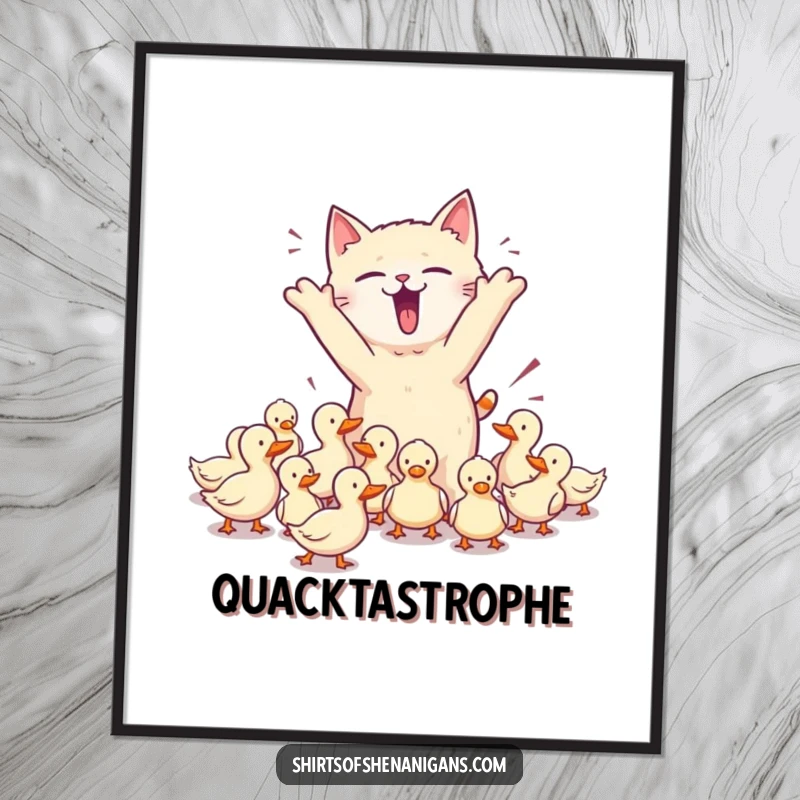 Funny digital art print of a chaotic cat herding ducks, perfect for pet owner humor and a unique, funny gift.