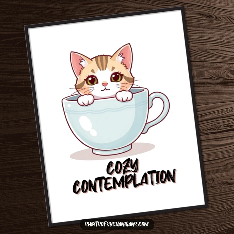 Funny cat digital art print, a curious feline peeking from a teacup, ready for framing with cozy charm. A downloadable funny gift.