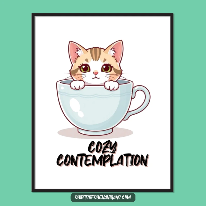 Funny Cat Teacup Digital Art - Printable Cozy Decor