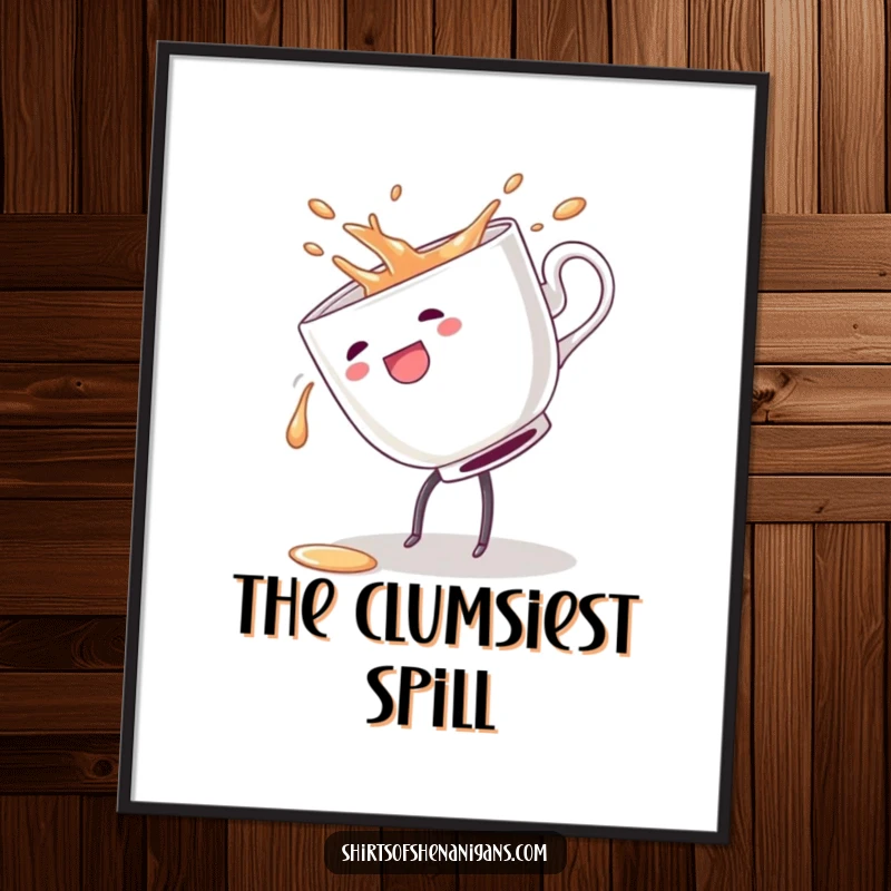 Funny digital art print of a teacup performing a cartwheel and spilling its contents, bringing playful, energetic humor to decor.