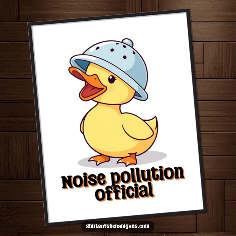 Funny digital art print: A quacking duck wearing a colander hat, offering instant humor and visual delight.