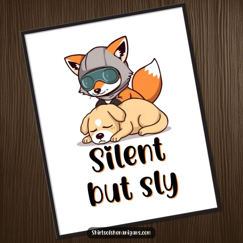 Funny digital art print of a fox in a disguise, humorously sneaking past a sleeping dog, printable decor.