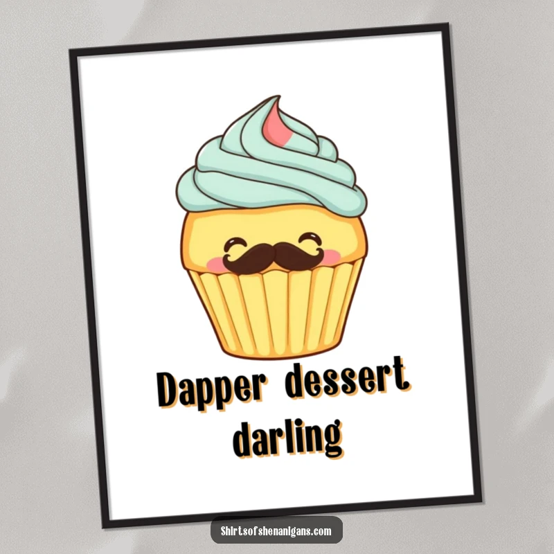 Funny digital art print of a cupcake giggling as it frosts a mustache onto itself, adding sweet humor to decor.