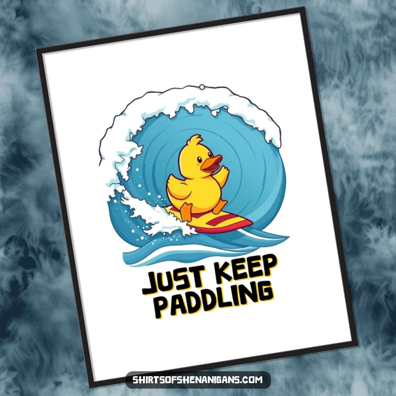 Funny digital art print, a determined rubber duck surfing a giant wave, perfect for humorous wall decor.
