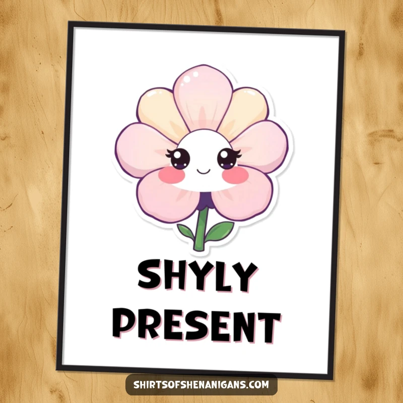 Funny digital art print of a shy flower with a bashful, sweet smile, bringing gentle humor and charming decor to any space.