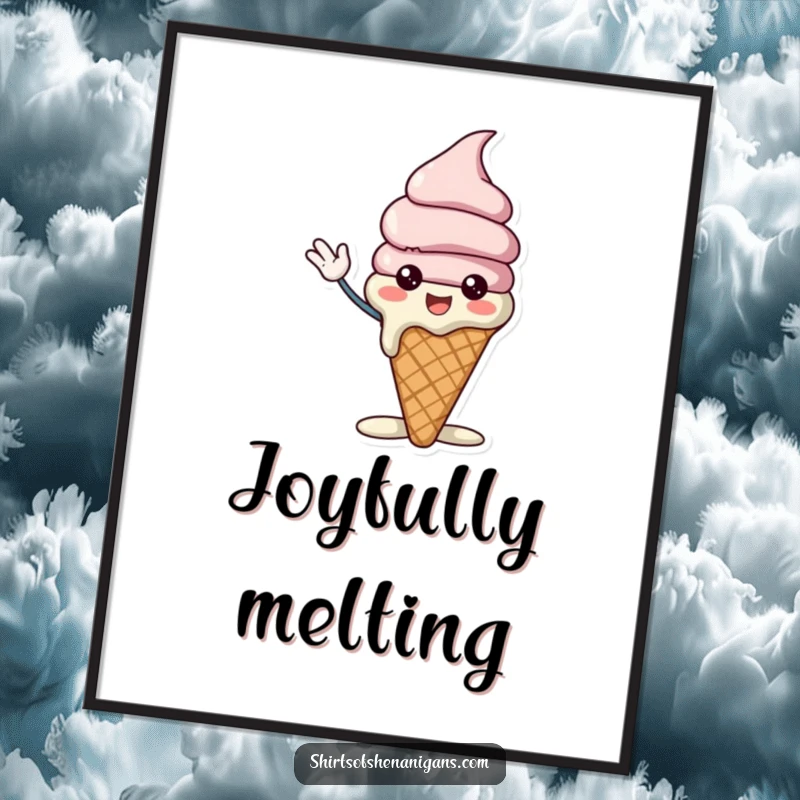 Funny ice cream cone digital art print of a cheerful character slightly melting while waving excitedly, perfect for sweet and happy decor.