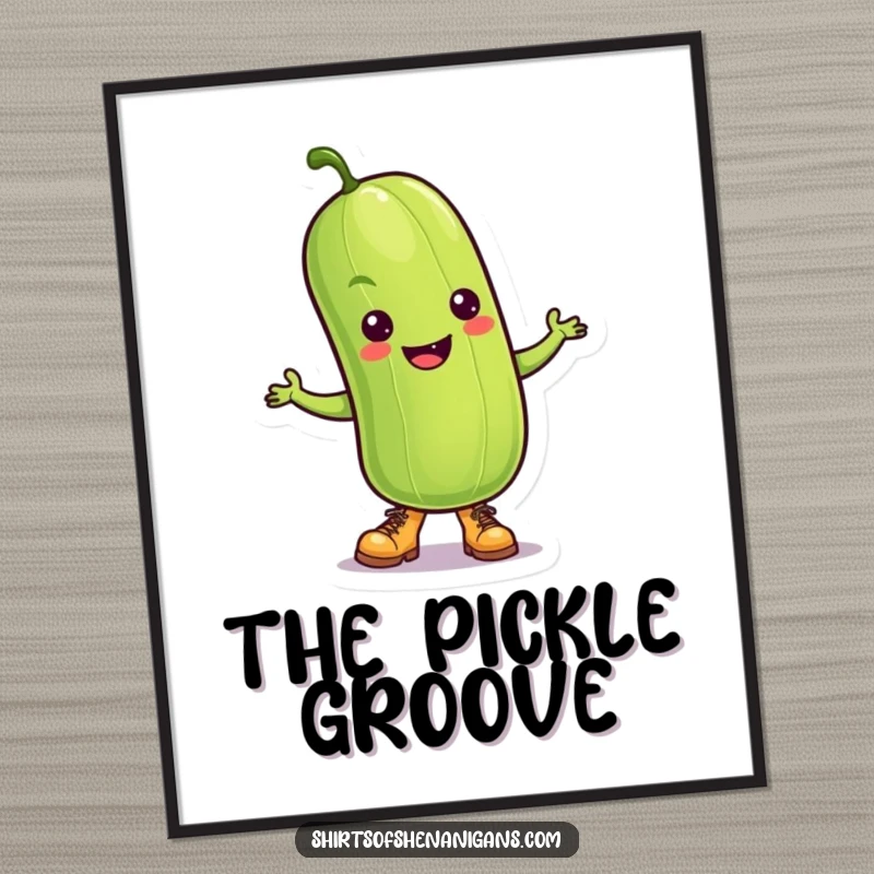 Funny Pickle Digital Art Print: A dancing pickle wearing tiny boots, symbolizing fun and playful energy.
