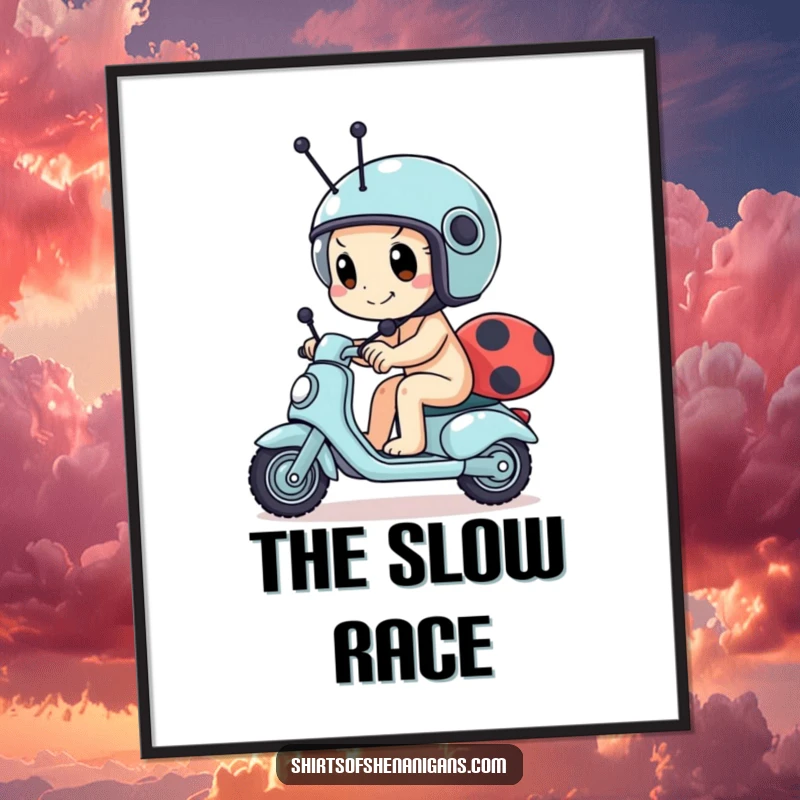 Funny snail digital art print of a determined snail wearing a tiny helmet, racing a ladybug scooter, perfect for inspiring decor.