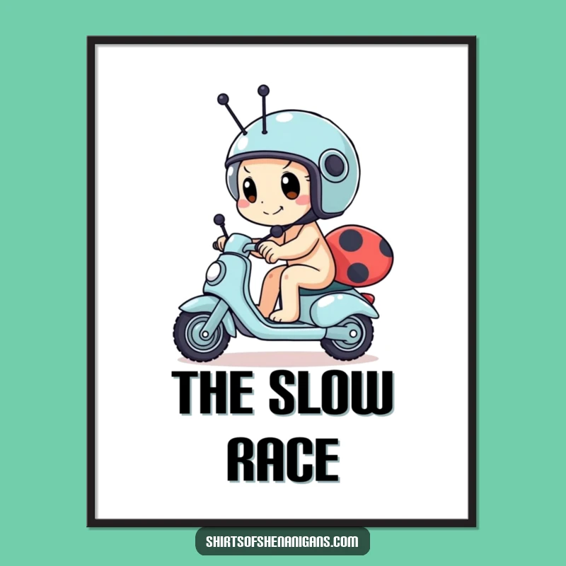 Funny Snail Scooter Art Print - Determined Racer & Tiny Helmet Digital Gift
