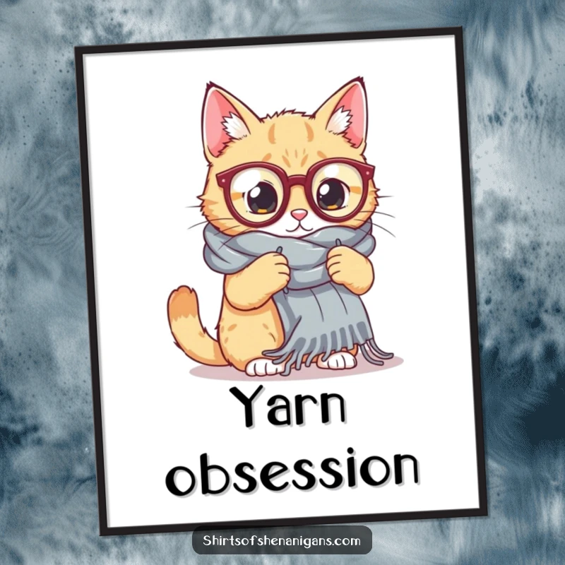 Funny Cat Knitting Digital Art Print: A cat in large glasses tries to knit a huge scarf, creating instant whimsical and funny decor.