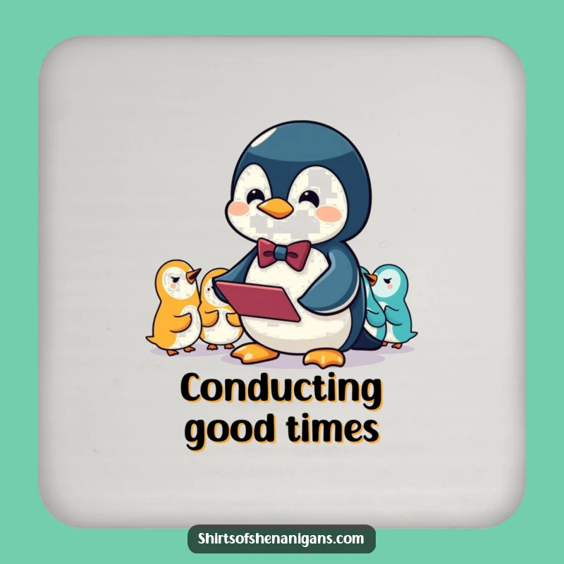 Charming Funny Penguin Conductor Drink Coaster: Protect Surfaces with Musical Flair!