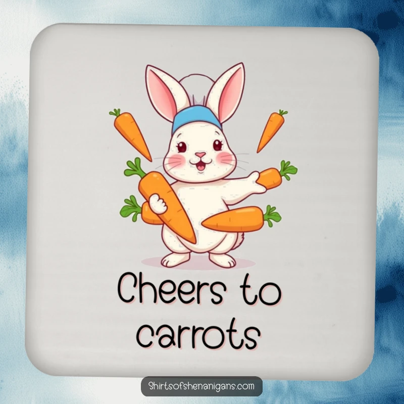 Funny drink coaster with a rabbit in a chef hat hilariously juggling oversized carrots, protecting surfaces with culinary charm.