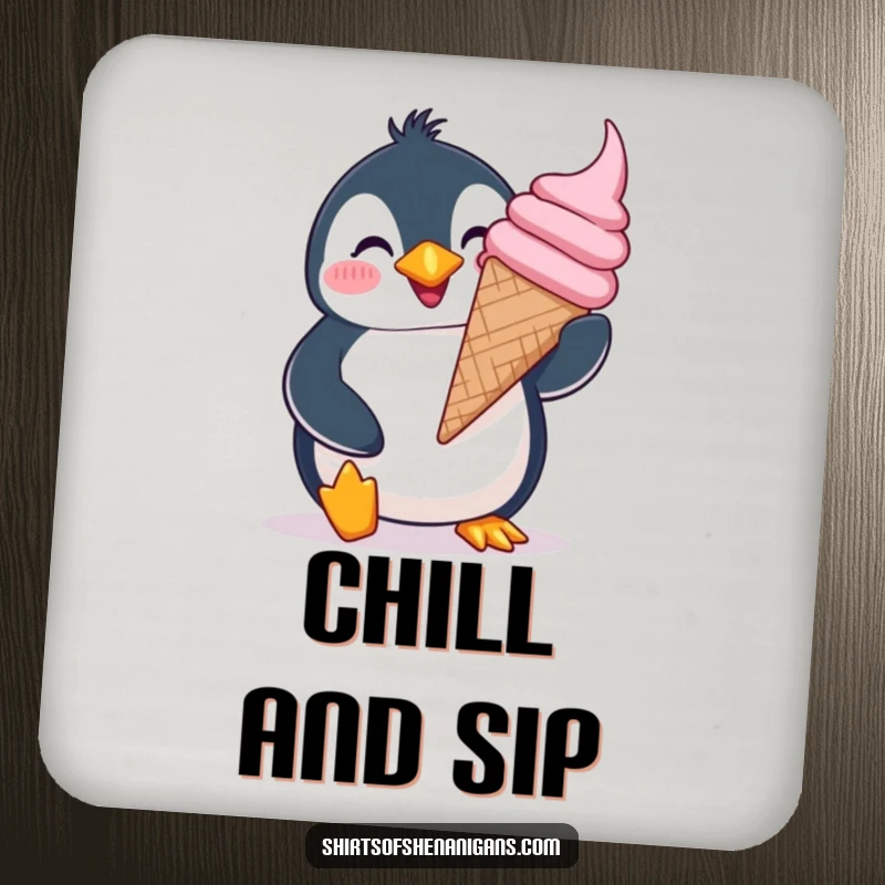 Funny giddy penguin drink coaster, balancing a giant ice cream cone with a silly grin, for cheerful surface protection.