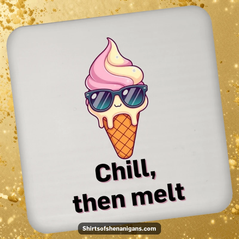 Funny drink coaster featuring a melting ice cream cone wearing sunglasses, looking relieved and cool.