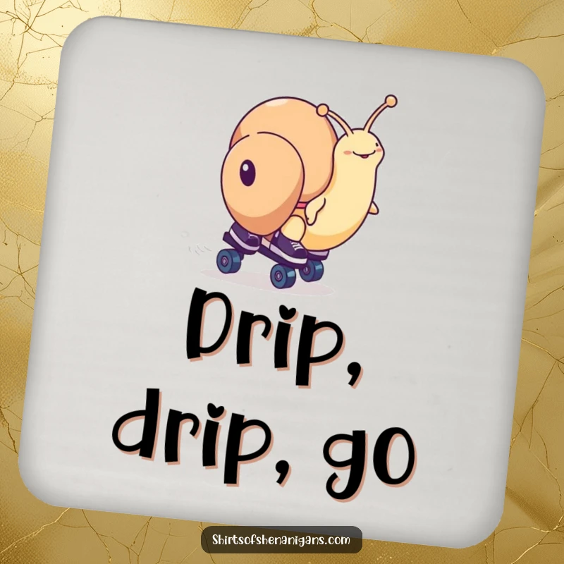 Funny snail character on roller skates, mid-race, printed on a protective drink coaster for tables.