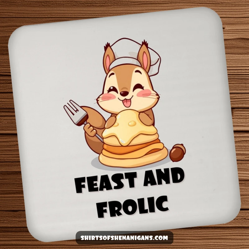 Funny squirrel chef coaster depicting a squirrel with a giant acorn pancake, protecting surfaces with charm.