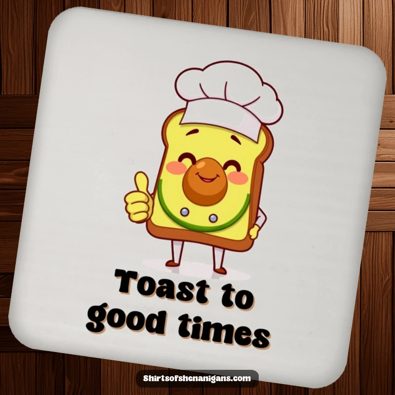 Funny avocado toast chef giving a thumbs up, featured on a protective drink coaster, bringing humor to your tabletop.