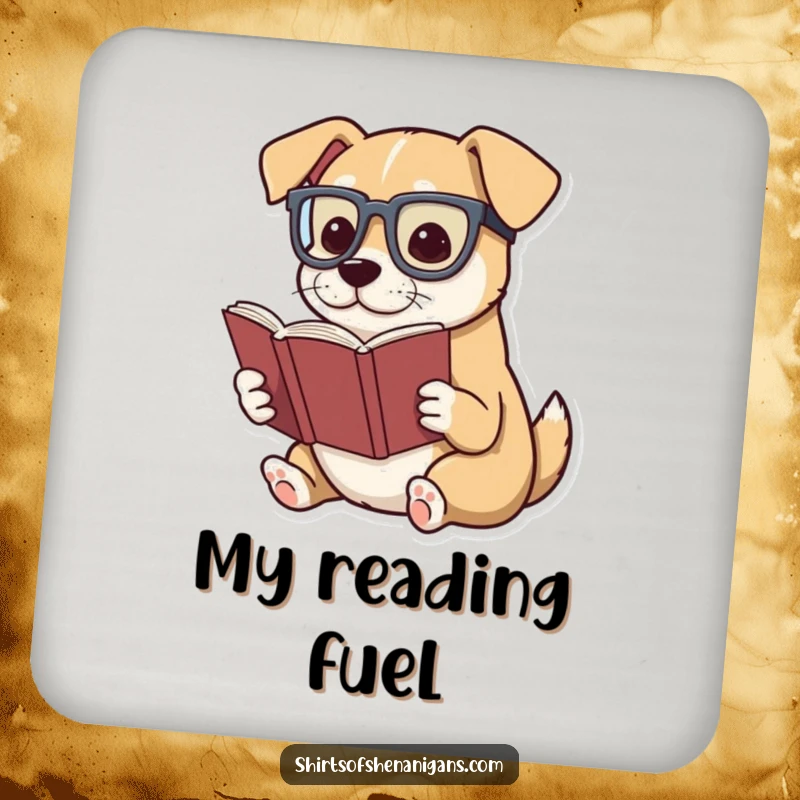 Funny drink coaster with a dog wearing glasses, dramatically reading a tiny book.